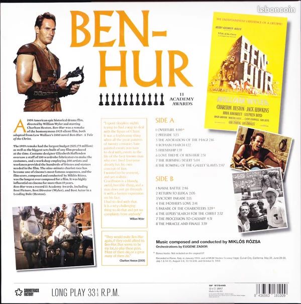Miklós Rózsa ‎– Ben-Hur (Original Motion Picture Soundtrack). 1 vinyle neuf scellé (image 5)
