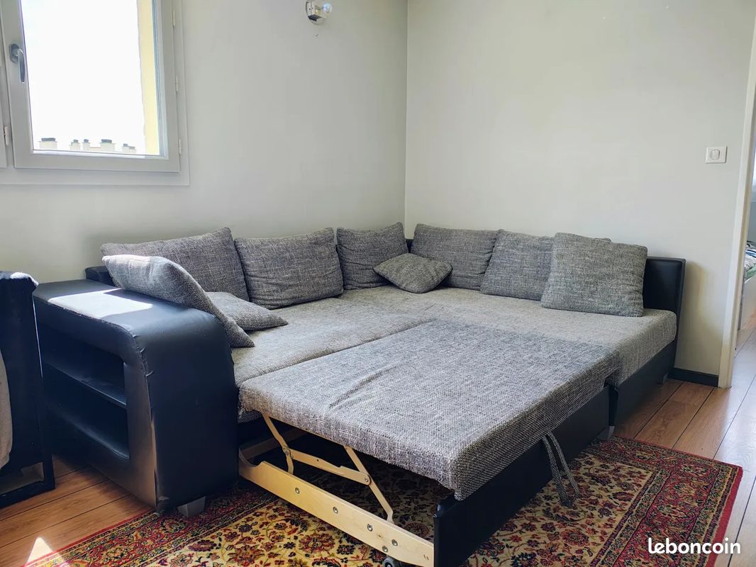 Canapé d'angle convertible – Tissu gris / Simili noir – 250 cm (image 4)