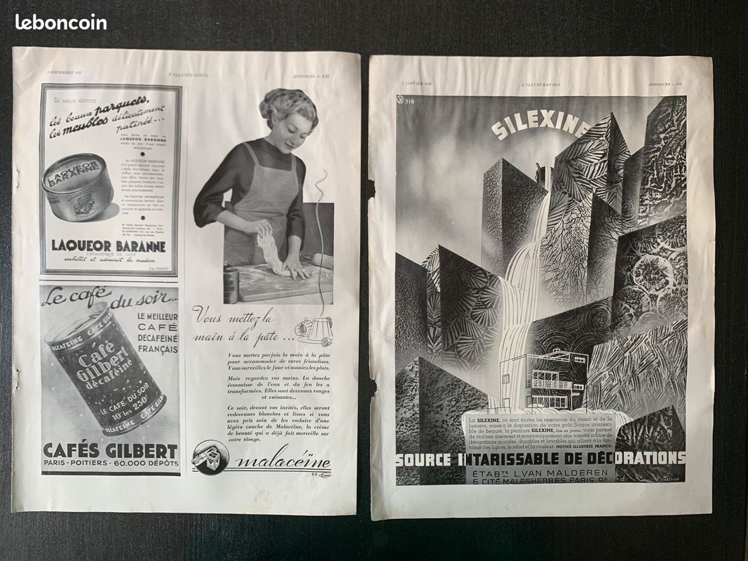 2 pages publicités Silexine, cafés Gilbert , Molocéine - 1935 - issue de journal (image 2)