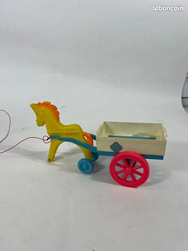 Ancien Jouet En Bois – 2 Chevaux Tirant Une Charrette – Marque Babyjou Clairbois