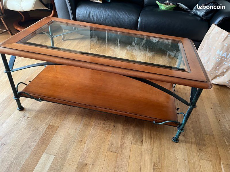 Table basse fer forgé - bois avec plateau en verre (image 1)