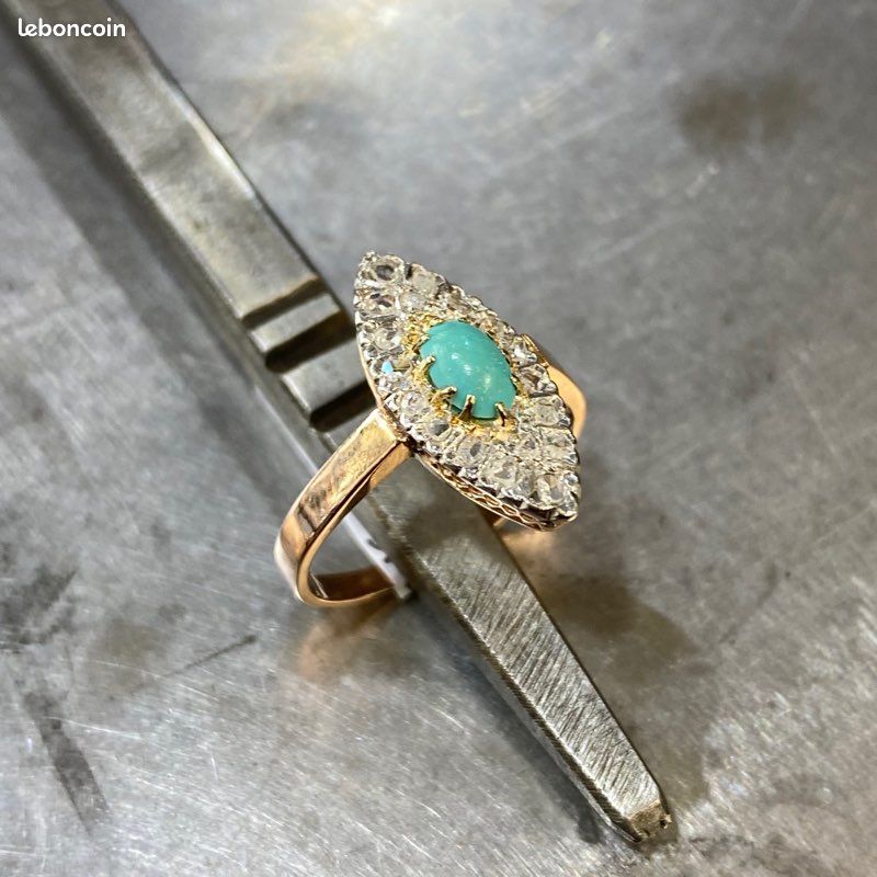Bague Ancienne Or Jaune/Rose/Blanc 18K Turquoise Diamants