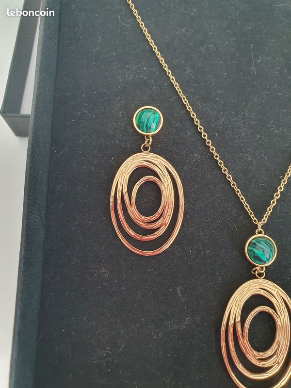 Parure Neuve collier pendentif et boucles d'oreilles Acier et Malachite (image 3)