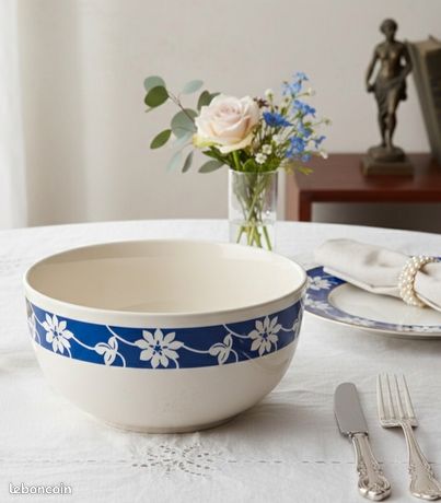 ANCIEN PLAT ROND CREUX CERAMIQUE ST AMAND GILBERT ART DECO FLEURS Bleues D Imgx2000 2673