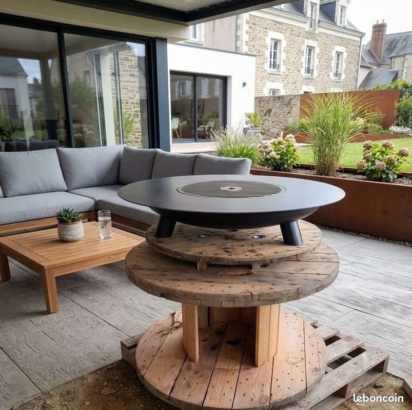 Brasero plancha Ø100 cm – Modèle unique avec son support bois – Idéal soirées d’été (image 1)