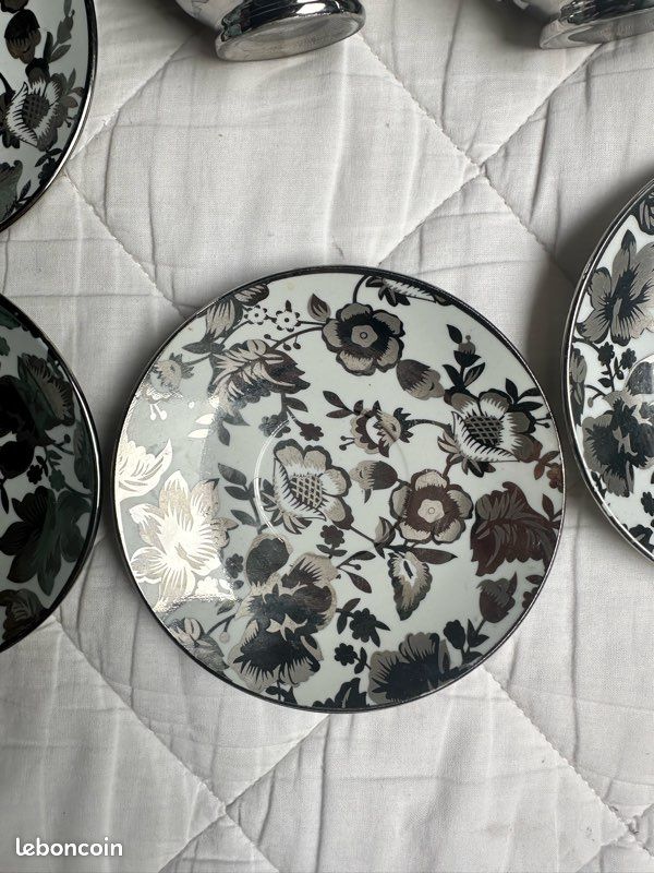 Service 5 tasses à thé / café vintage en porcelaine Bavary argentée (image 2)