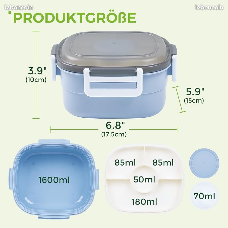 Boîte à déjeuner bento 1600ml Saladbox NEUVE – 4 compartiments + pot à sauce – Parfaite pour école, pique-nique, bureau (image 2)