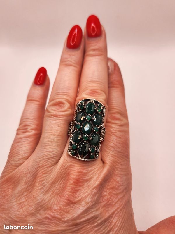 Bague Vintage En Argent Massif 925 - Pierre Verte - Taille 54 - Occasion (bon état)