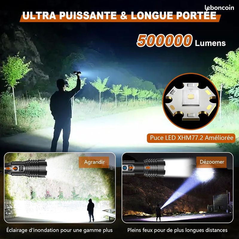 Lampe Torche Shadowhawk 500000 Lumens - Rechargeable USB - IP67 Étanche - 5 Modes - Pour Outdoor