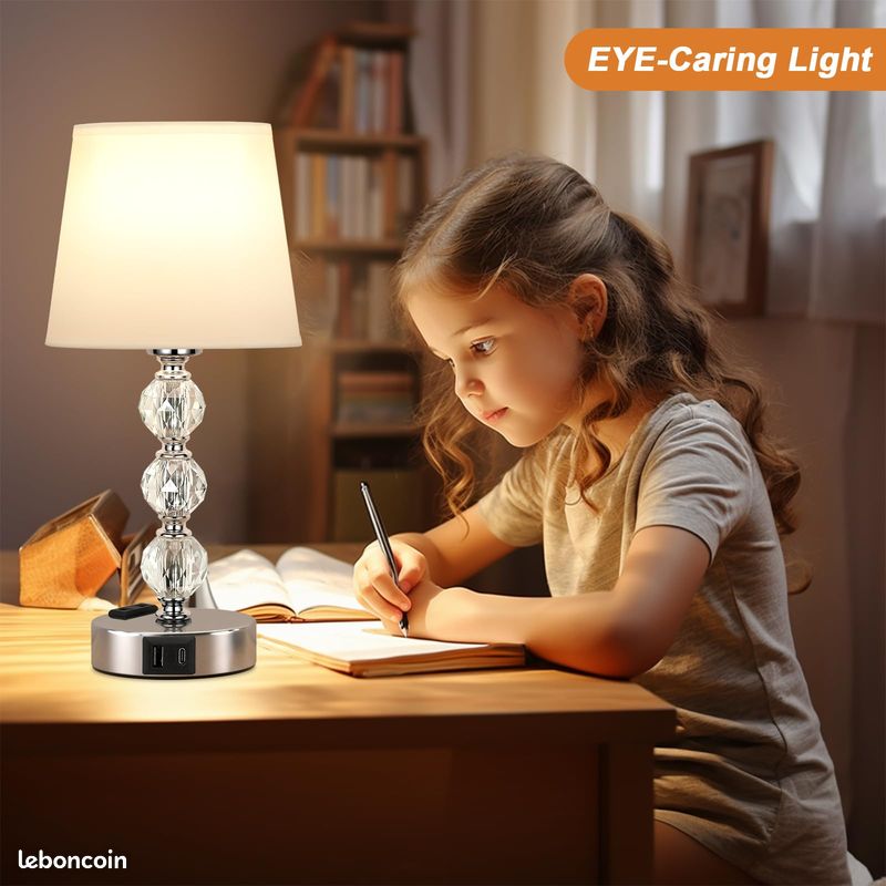 Kakanuo Lampe de Chevet Tactile avec Ports USB-A+C+Prise CA, 3 Intensité Variable, Lampe en Cristal Lot de 2, Abat-jour Blanc, Lampes de Table pour Chambre Salon D'enfant Bureau (Ampoules Incluse) [Cl (image 10)