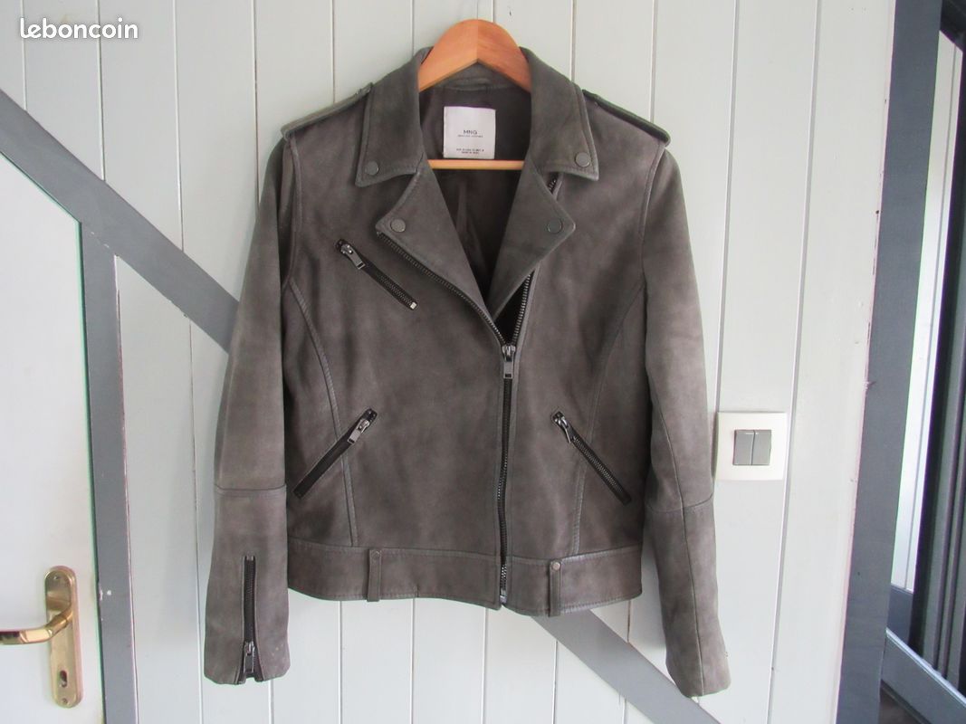 Blouson perfecto cuir gris T M Mango Vêtements
