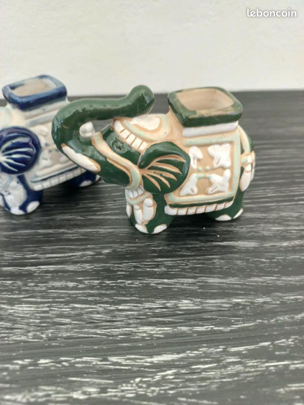 Porte cure dents en céramique émaillée les 2 éléphants vintage décoration (image 3)