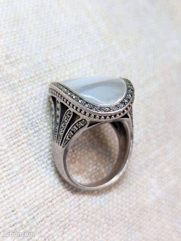 Bague Ancienne Style Art Déco - Argent 925 Avec Marcassites Et Nacre - Taille 52 - Occasion