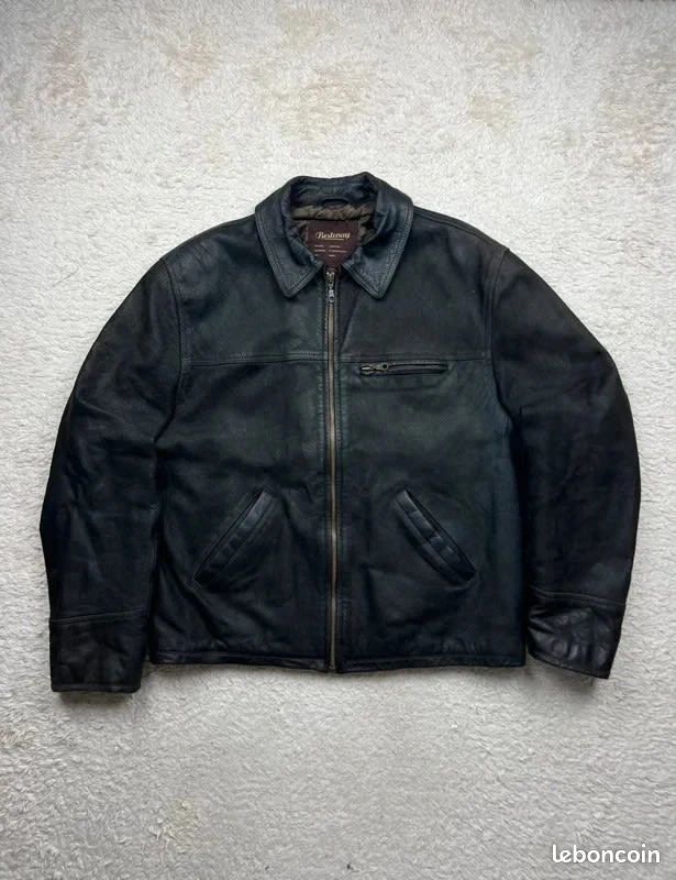 Blouson cuir vintage Bestway marron foncé poches inclinés taille L homme (image 1)