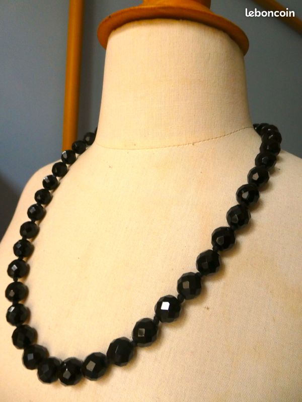 Collier Ancien En Perles De Jais Noir - Bijou Vintage - Occasion - Longueur Environ 2?