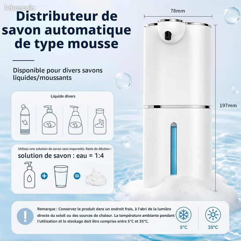 Distributeur de Savon Automatique, Distributeur de Savon Mousse Électrique avec Écran, 6 Niveaux Réglables, Rechargeable USB, Mural/Table, pour Salle de Bain et Cuisine (380ml Blanc) (image 4)