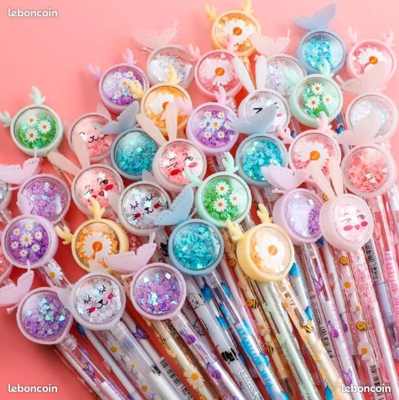 3 Stylos gel avec décor fleurs, animaux, paillettes, souvenir fête anniversaire enfants, fête fin d'année, neufs, 1/p (image 3)