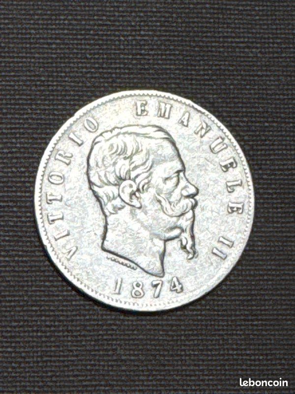 Pièce argent 5 Lires VITTORIO EMANUELE II 1874 (image 2)