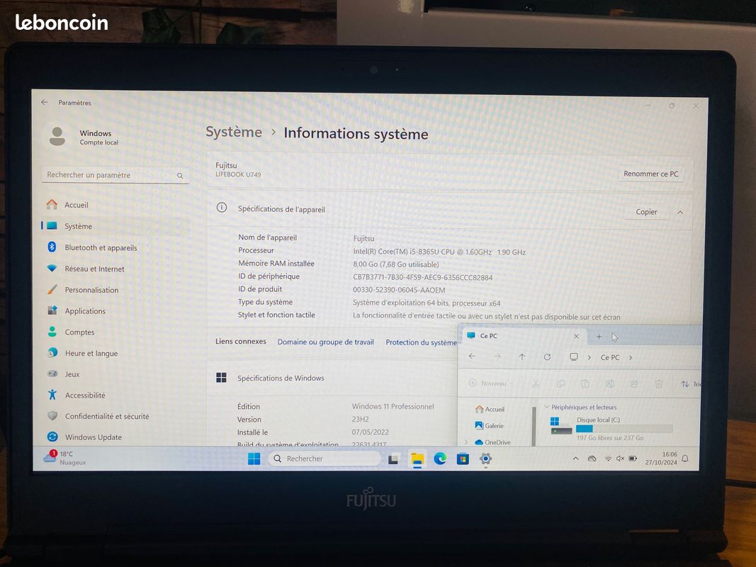 PC Portable Fujitsu U749 corei5-8Go-SSD256 (image 6)