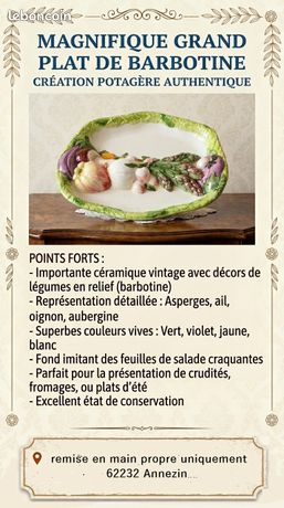 Plat De Service à Crudités En Barbotine - Portugal - Peint à La Main - Beige - TBE