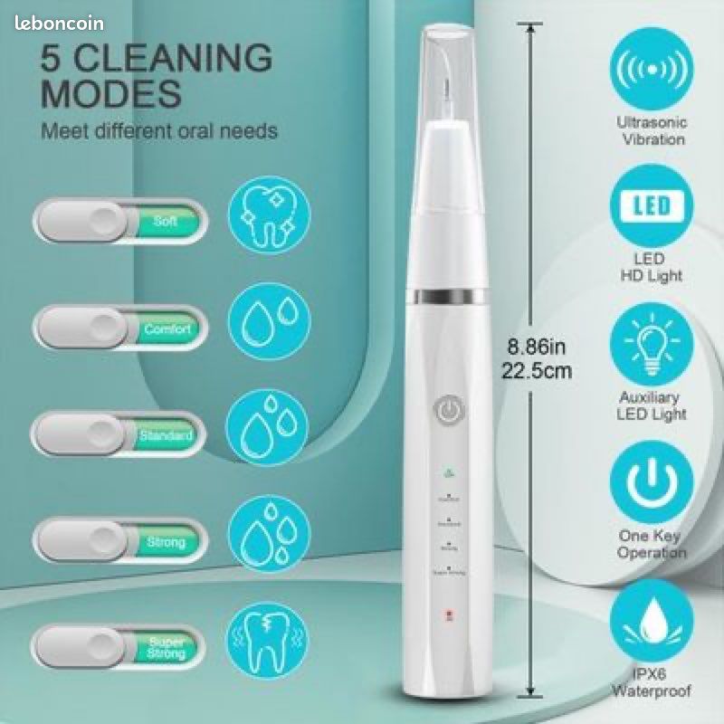 Detartreur Dentaire Ultrason Kit Detartrage Électrique avec 5 Modes 3 Têtes De Nettoyage Outils (image 2)