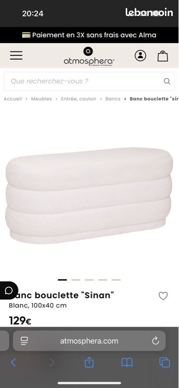 Banc Banquette Sinan Bouclette Blanc Atmosphera - 100x40 Cm, Élégant Et Doux Pour Entrée, Chambre Ou Salon