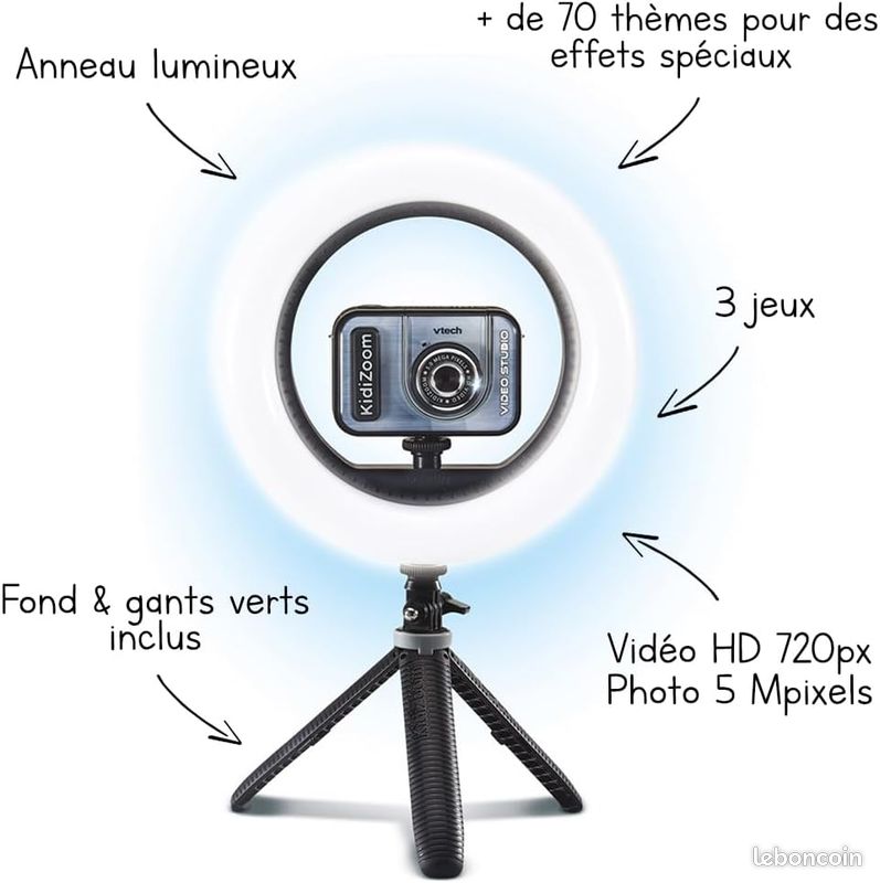 VTech - KidiZoom Vidéo Studio HD Violet, Appareil Photo Numérique Enfant, Photo, Selfie, Vidéo HD, Écran Couleur avec Trépied et Fond Vert, Cadeau Enfant de 5 Ans à 12 Ans - Contenu