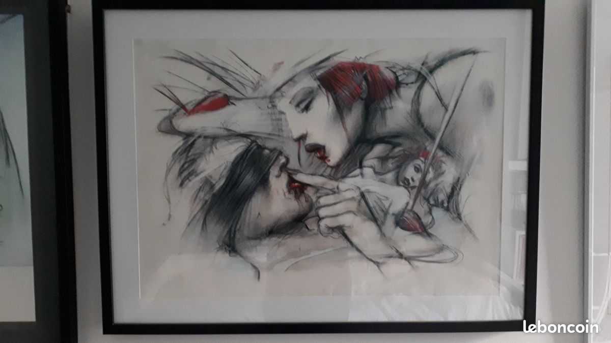 Anki Bilal affiche "Léché à l'aveugle" cadre noir avec passe partout blanc 63 X 83 X 3 cm (image 1)