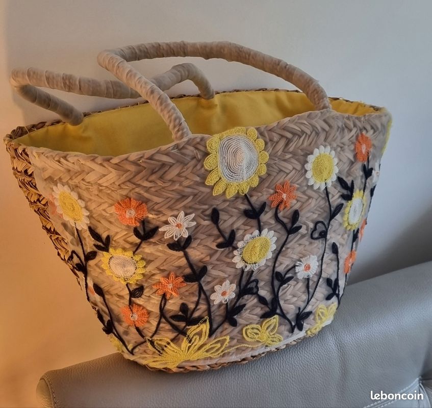 Panier De Fleurs En Paille Tissée M - Cache-Pot Intérieur Extérieur Fait Main Beige