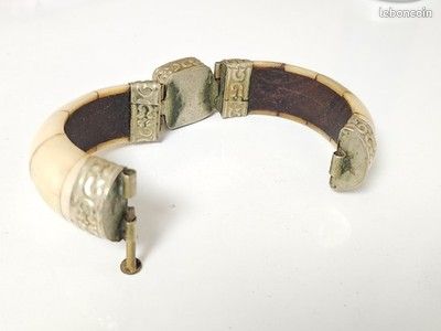 Lot De 2 Bracelets Ethniques Vintage - Joncs En Os Et Laiton, Fermoir Glissière