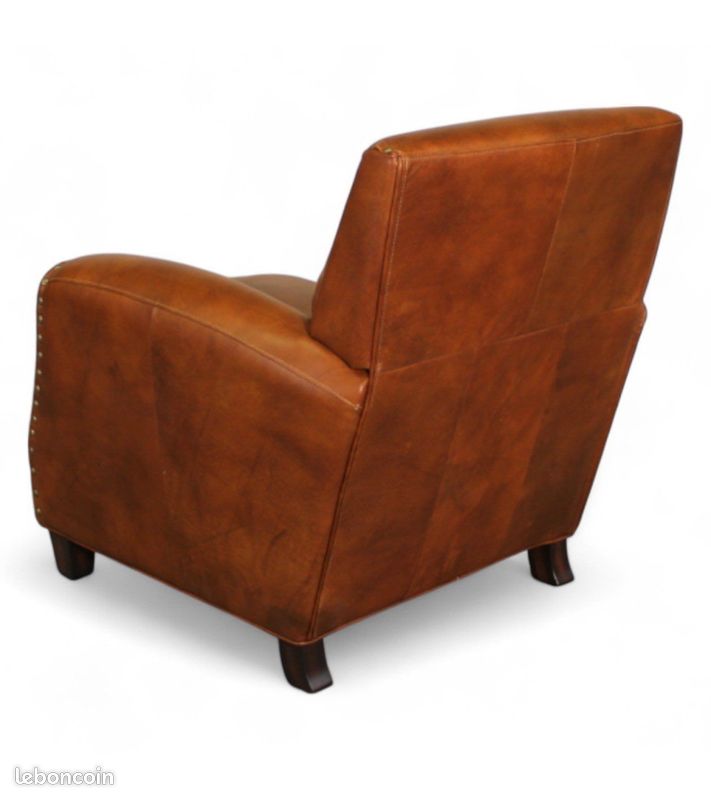 Fauteuil club cuir pleine fleur marron vieilli clouté – Henri (image 5)