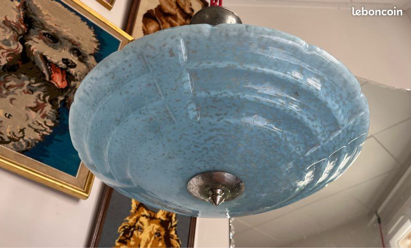 Grand plafonnier plateau Art Déco verre Clichy bleu (image 4)
