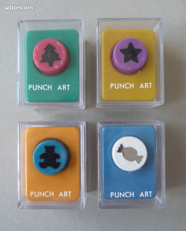 ♥ 4 mini PERFORATRICES pour scrapbooking BONBON / ETOILE / NOUNOURS / SAPIN (image 1)
