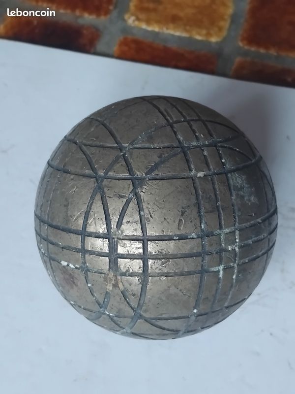Jeu paire de boules Pétanque lyonnaise vintage rétro ancien jeu de longue avec filet lanière en cuir métal doré bronze ou laiton (image 13)