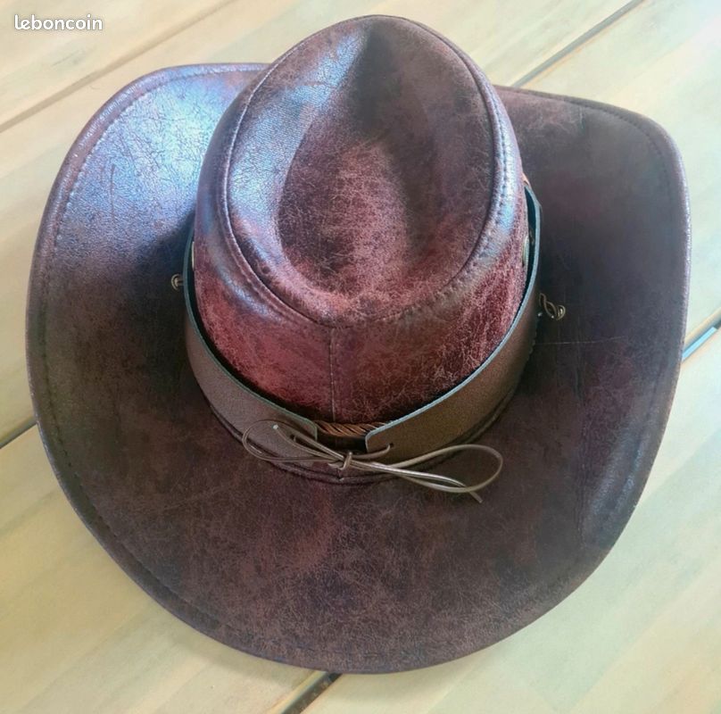 Chapeau De Cowboy En Cuir Marron - Équitation Western & Franges (Neuf)