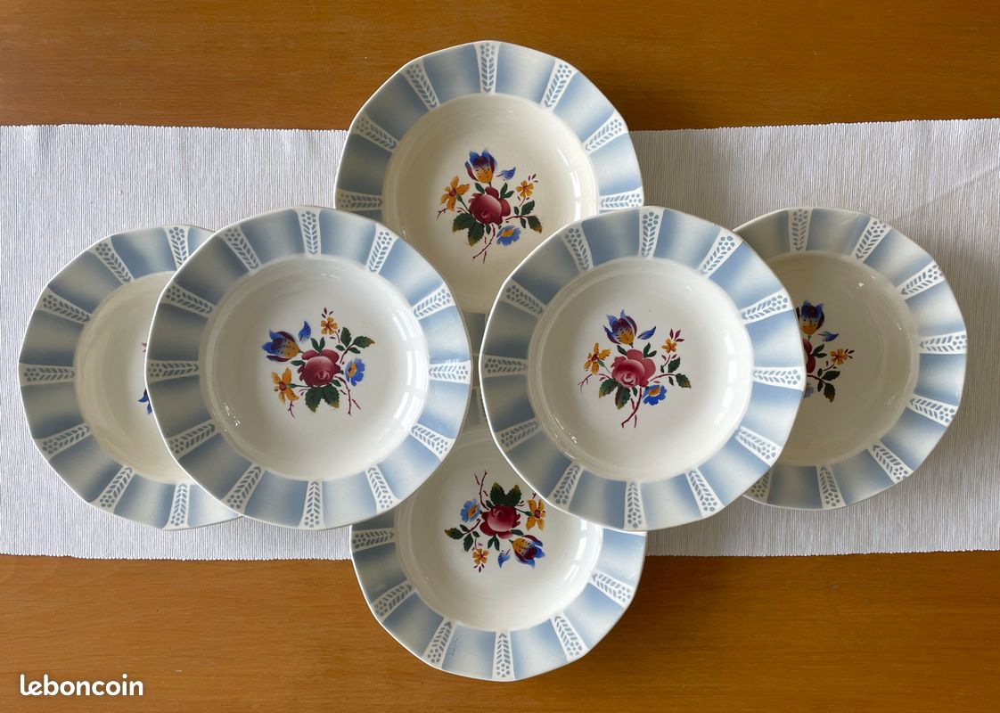 6 assiettes creuses anciennes en faïence de Sarreguemines (image 3)