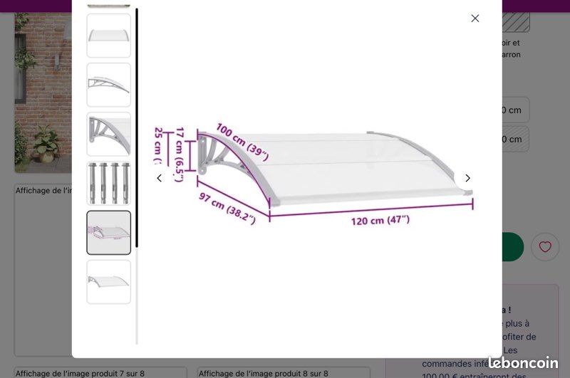 Auvent de porte PVC 120 x100cm (image 3)
