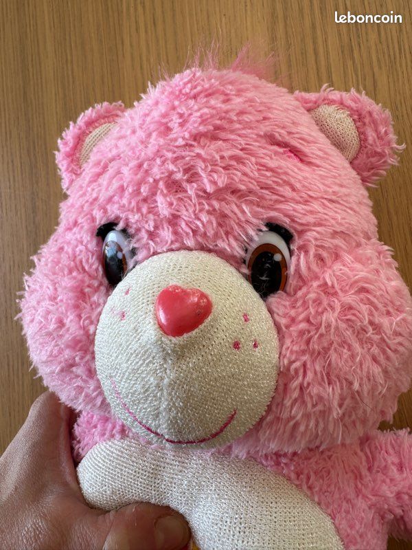 VINTAGE Bisounours rose 2 coeurs GROSCHERI 34 cm KENNER Care Bears chez vous des demain