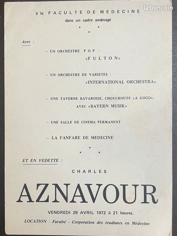 Charles Aznavour – Nuit de médecine 1972 – Programme illustré humour - Infirmier Infirmière Docteur (image 2)