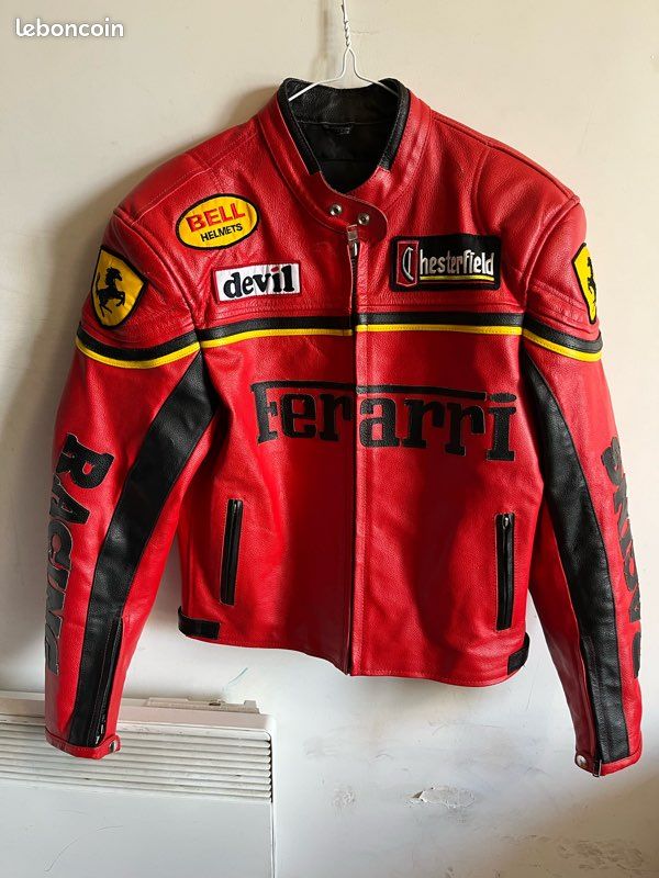Blouson Cuir Homme Ferrari Racing Blanc Et Rouge - Style Moto - Neuf Avec étiquettes