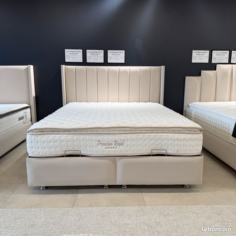 Lit coffre tokyo bari velours beige 160x200 avec sommier intégré et matelas en option 140x190 180x200 90x190 (image 4)