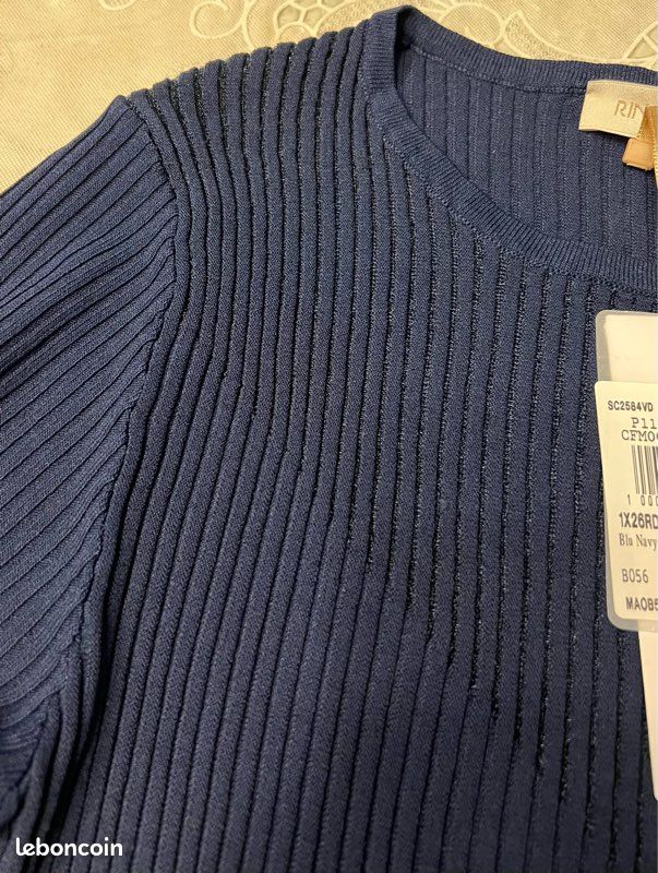 Top blouse bleu marine côtelé avec jeu de transparences taille S/M Rinascimento (image 4)