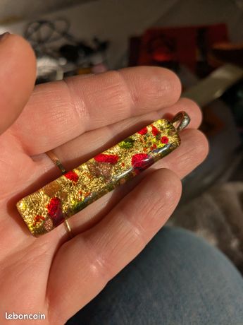Pendentif Feuille En Verre De Murano Signé – Rose/Or/Cuivre – Cordon 52cm