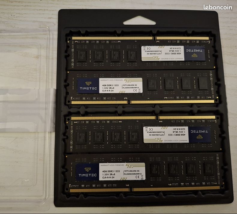 Timetec, 4 barrettes (UDIMM) RAM DDR3 - 16 Go (4x 4 Go), DDR3-1333, CL9-9-9-24, 1.35, Non-ECC (image 2)