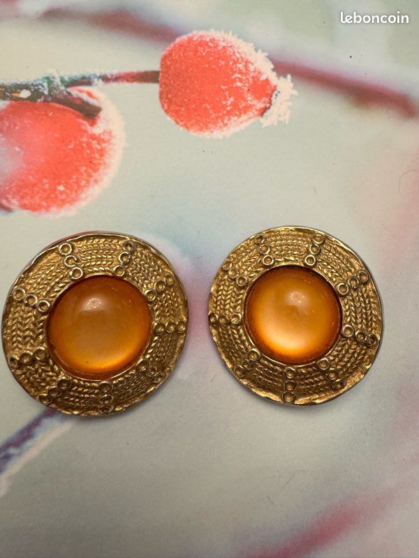 Boucles D'oreilles Clips Christian Lacroix Années 80 - Résine Orange Et Pierre, 3 Cm