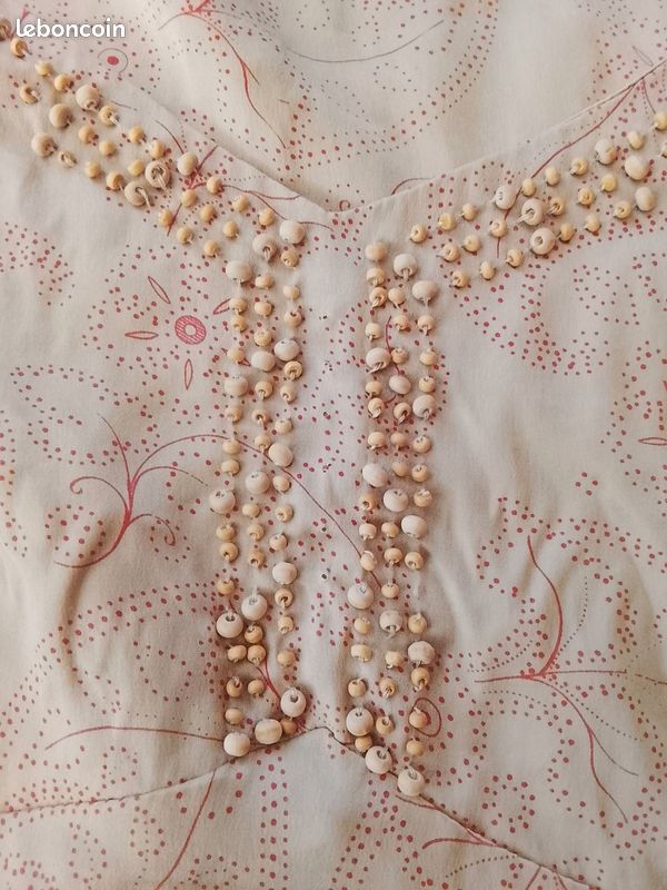 Débardeur sans manche en Soie véritable col brodé de perles & imprimé cachemire beige/rose poudré -WEILL Paris - T44 - Excellent État (image 4)