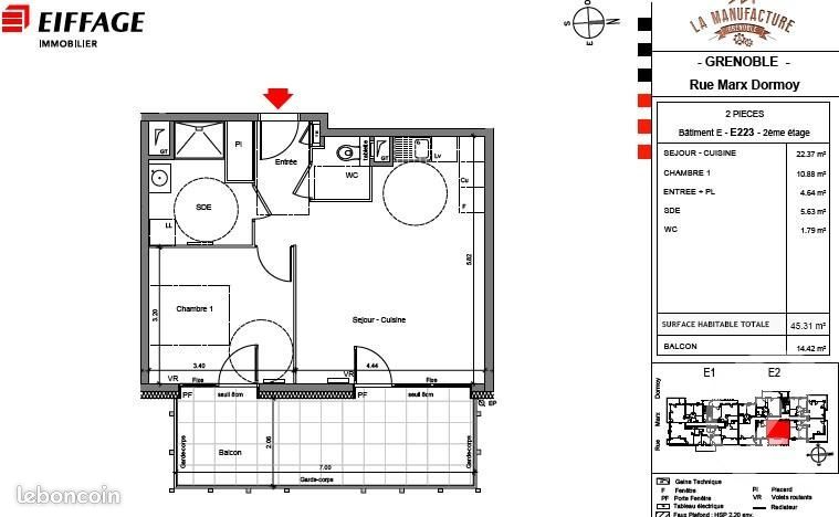 Appartement 2 pièces 45 m² · à Grenoble · 45 m² · 713 €