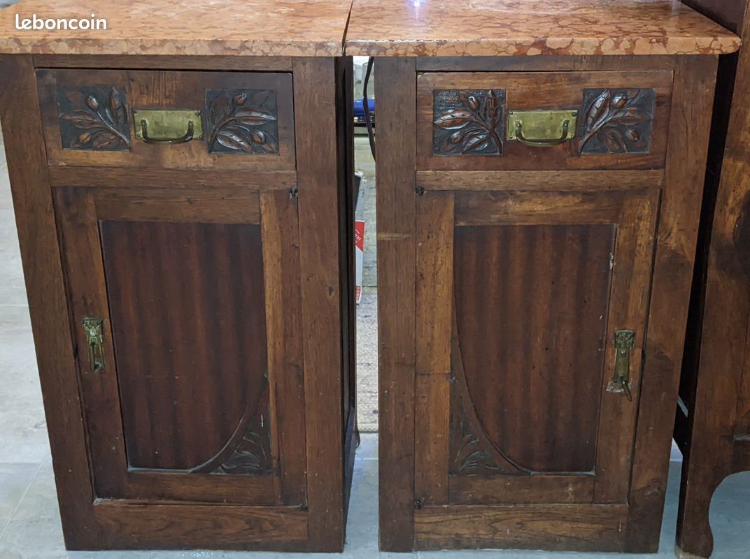 Chevets art nouveau circa 1930 marbre, bois et laiton ou cuivre jaune (image 1)