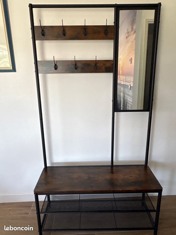 Meuble entrée avec miroir en bois et métal noir (image 1)
