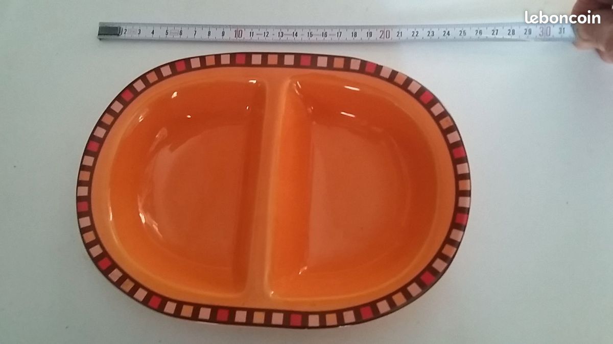 Plat de service / de présentation forme ovale vintage orange en céramique avec bordure décorative pour apéritif tapas etc (image 1)